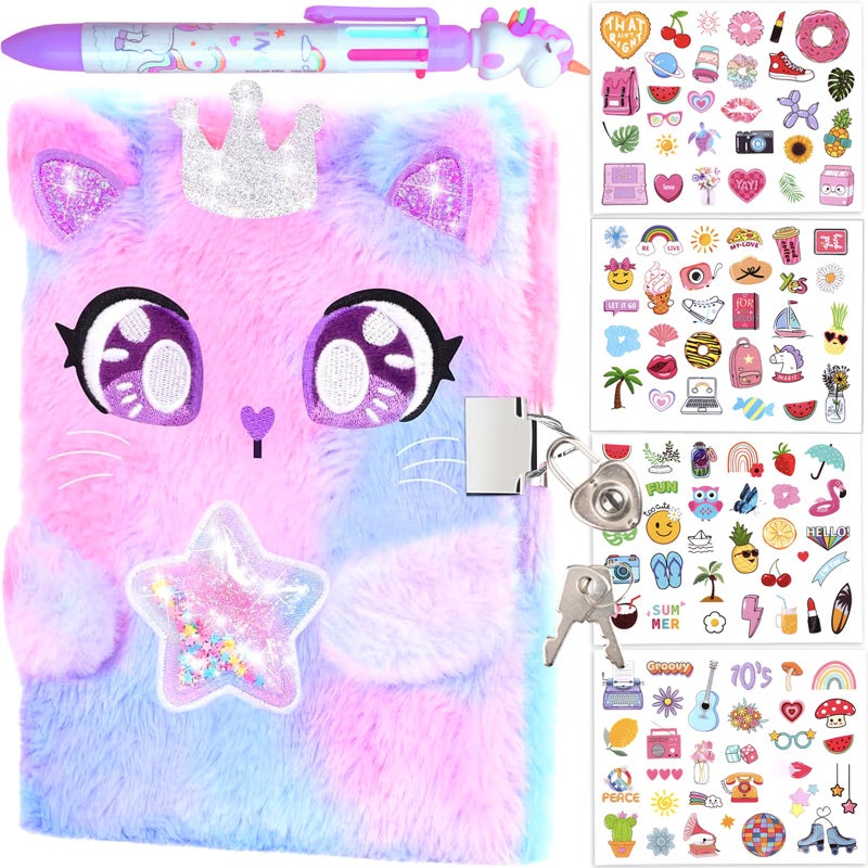 EABUY Diary for Girls with Lock and Keys, Kids Journal School Travel Notebook Gift Set for Writing and Drawing, Multicolored Pen, Stickers, Birthday Gift for Girls (purple-cat) - Image 1