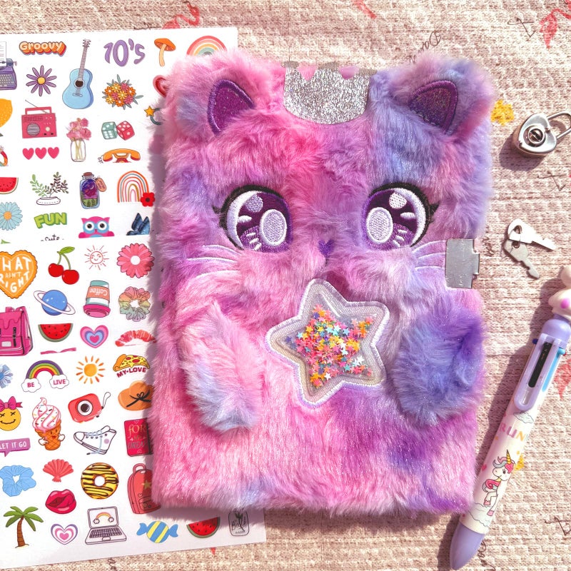 EABUY Diary for Girls with Lock and Keys, Kids Journal School Travel Notebook Gift Set for Writing and Drawing, Multicolored Pen, Stickers, Birthday Gift for Girls (purple-cat) - Image 4