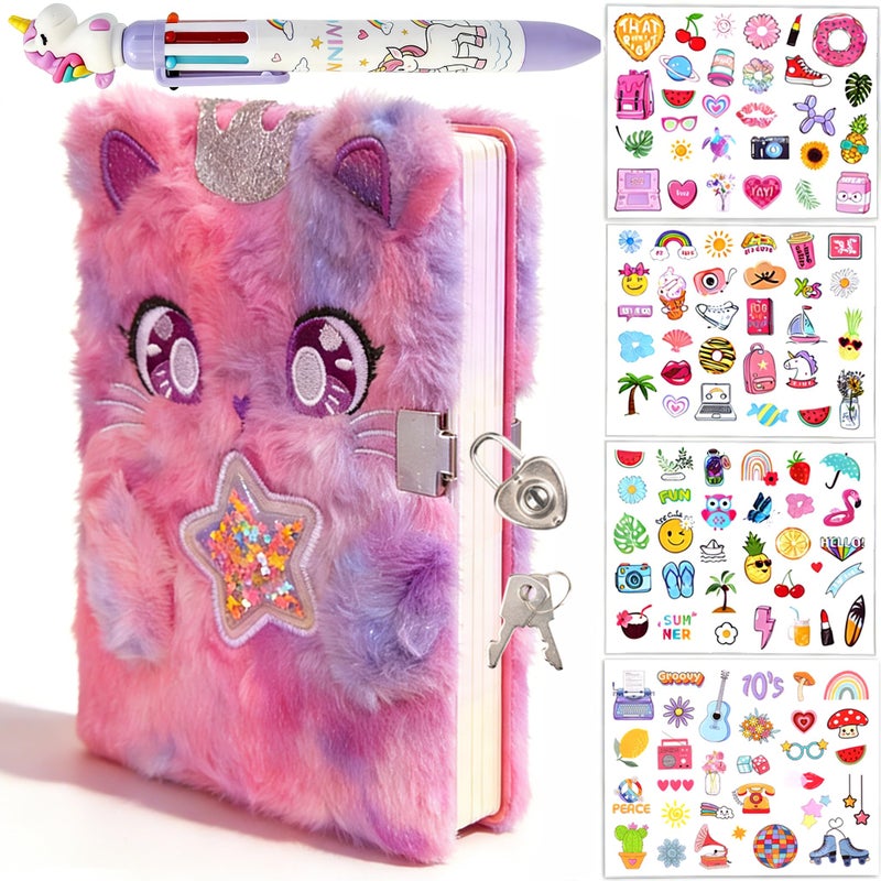 EABUY Diary for Girls with Lock and Keys, Kids Journal School Travel Notebook Gift Set for Writing and Drawing, Multicolored Pen, Stickers, Birthday Gift for Girls (purple-cat) - Image 2