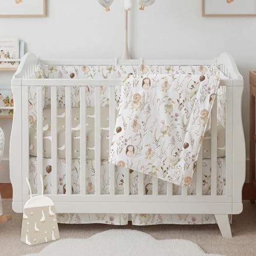 Hahafelt 4 Pieces Crib Bedding Set for Girls and Boys Soft Baby Bedding Set Including Crib Skirt Comforter Sheet and Diaper Stacker for NurseryGoose Theme - Image 1