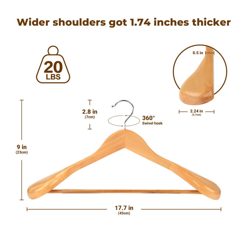 meqution Coat Hanger 8-Pack, MEQUTION Wood Hangers Trouser Hangers Extra Wide Shoulder Wooden Hangers for Heavy Coat, Sweater, Skirt, Suit, Pants, Retro Finish (Natural) - Image 2