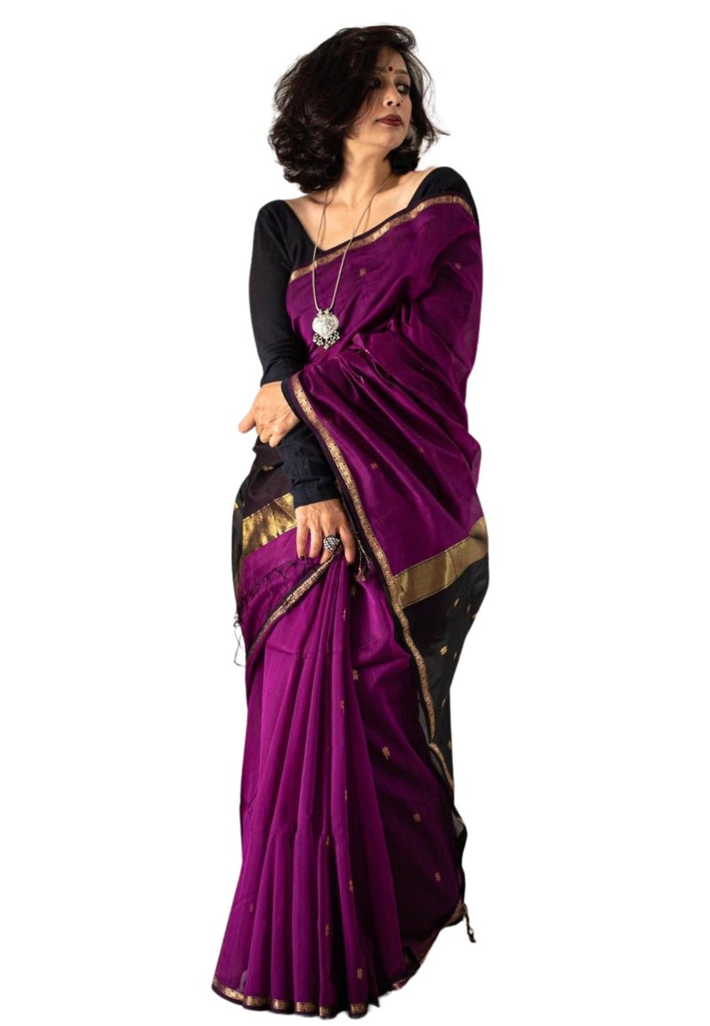 C J Enterprise Women's Banarasi Pure Kanjivaram Silk Saree Cotton Spun Saree for Wedding Soft Design Wear Pattu Sarees Latest Sari With Blouse Piece sadi new Party 2025 (Meera) (Purple-Black) - Image 1