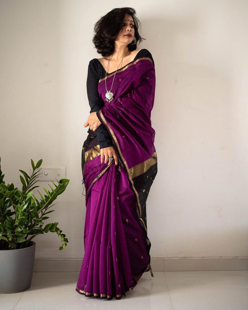 C J Enterprise Women's Banarasi Pure Kanjivaram Silk Saree Cotton Spun Saree for Wedding Soft Design Wear Pattu Sarees Latest Sari With Blouse Piece sadi new Party 2025 (Meera) (Purple-Black) - Image 2