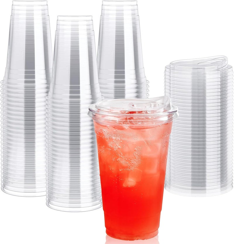 Lilymicky [90 PACK] 20 oz Clear Plastic Cups With Strawless Sip Lids, Disposable Plastic Cups With Sip Through Lids for Ice Coffee, Smoothie, Slurpee, or Any Cold Drinks - Image 1