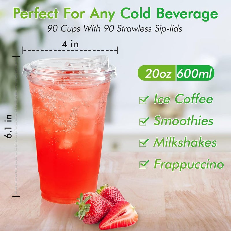 Lilymicky [90 PACK] 20 oz Clear Plastic Cups With Strawless Sip Lids, Disposable Plastic Cups With Sip Through Lids for Ice Coffee, Smoothie, Slurpee, or Any Cold Drinks - Image 2