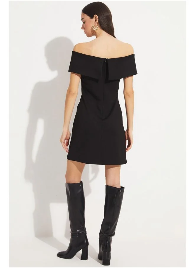 JUNE June Women Fitted Carmen Neck Knitted Mini Dress Black