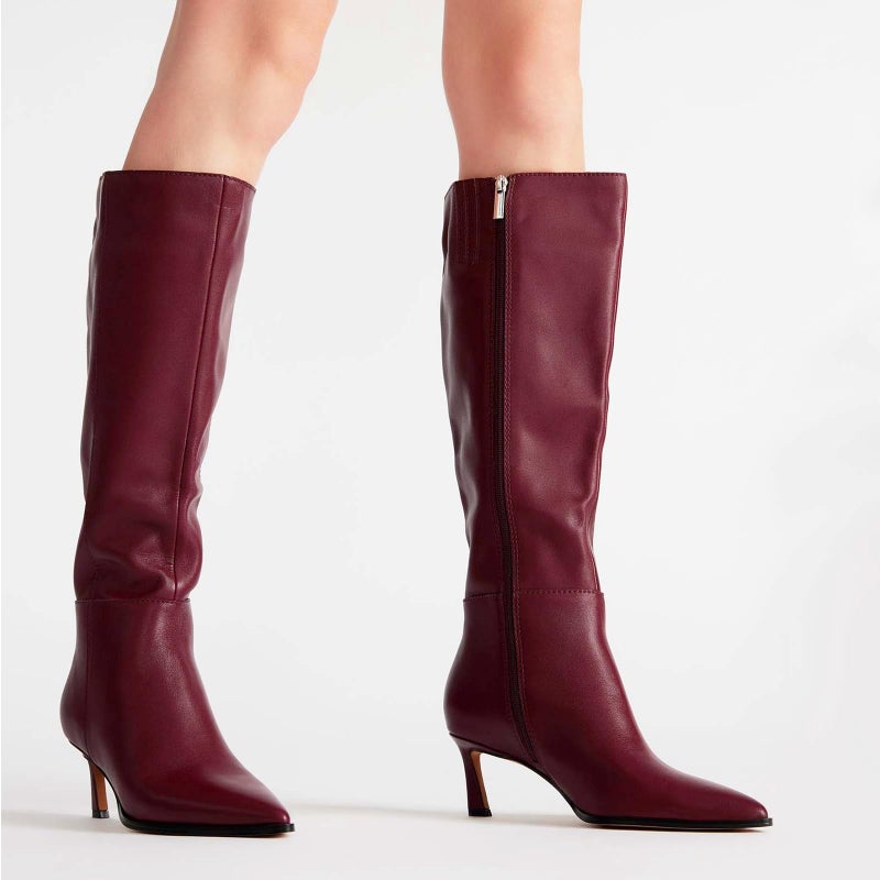 MICIFA Burgundy Kitten Heel Knee High Boots for Women Tall Leather Boots Stiletto Pointed Toe Gogo Tall Boots Cherry Wine Red Dress Boots - Image 2