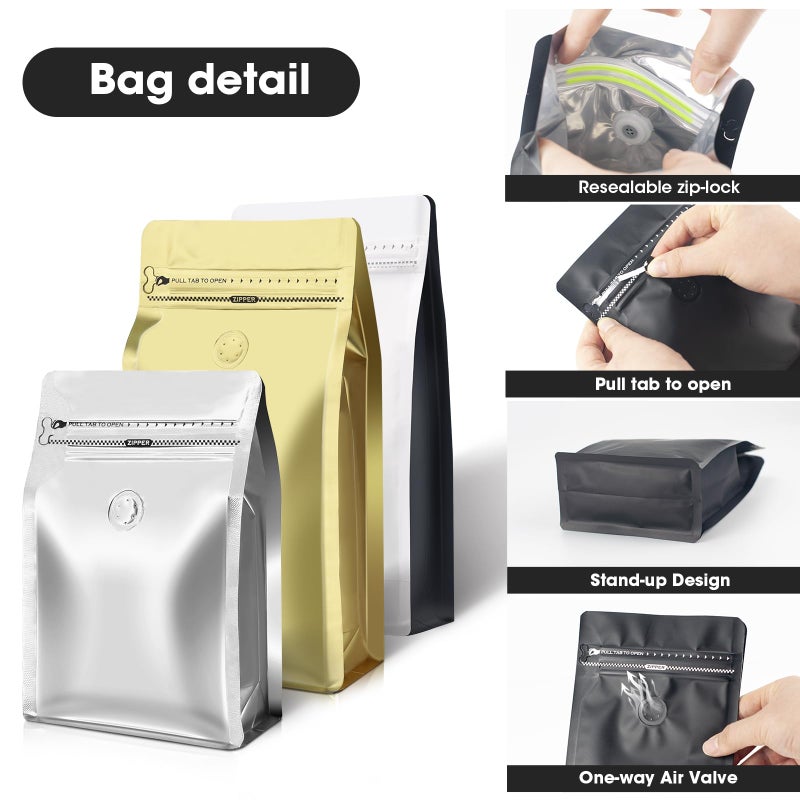 ODDIER Coffee Bags with Valve(60pcs,4 oz,0.25 lb) Vented Coffee Beans Packaging Bags High Barrier Aluminumed Foil Flat Bottom Heat Sealed Side Zipper Resealable Storage Bag for Home or Businessï¼ˆBlack ï¼‰ - Image 5