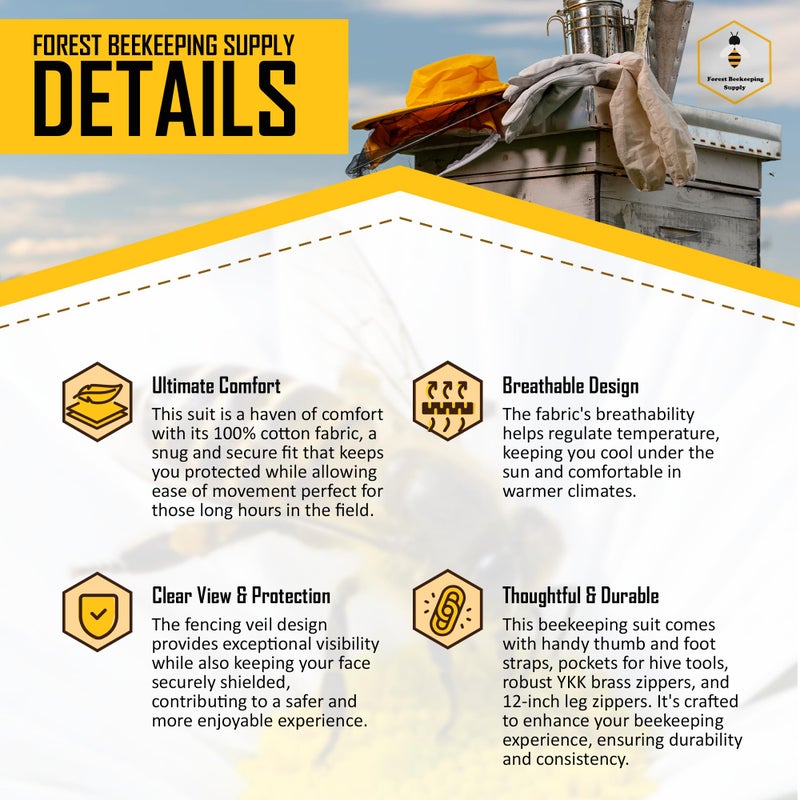 FOREST BEEKEEPING SUPPLY Professional Bee Suit with Gloves â€“ Premium Cotton Beekeeper Suit, Includes Detachable Fencing Veil & Goatskin Bee Gloves, Complete Protective Gear Kit â€“ XL - Image 4