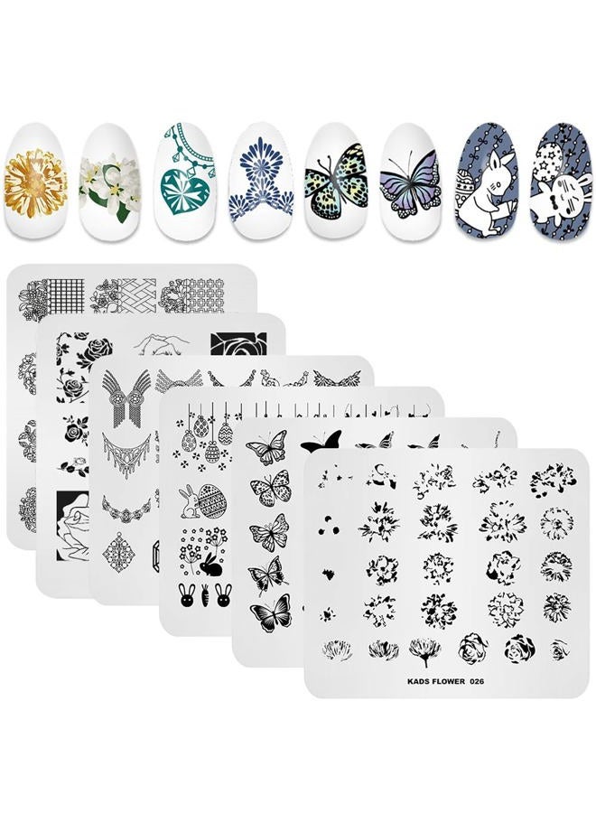KADS 6 Pcs Nail Art Stamping Plates Flower Butterfly Rabbit Fashion Print Manicure Templates with 1 Pc Polish Stamper (6 Plates+1 Stamper) - Image 1
