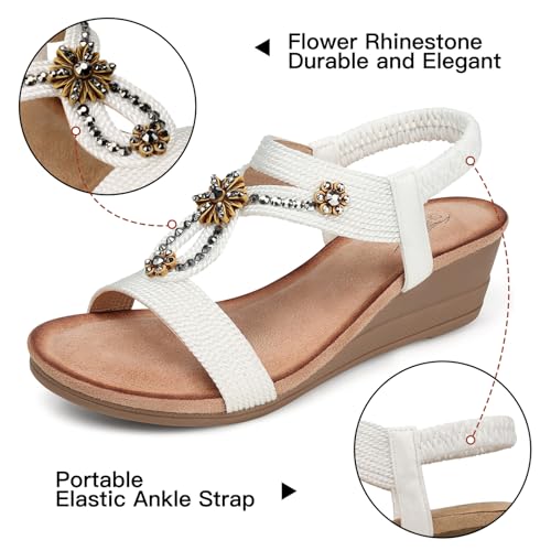 SHIBEVER White Wedge Sandals Women Comfortable Rhinestone Ladies Sandals Dressy Arch Support Low Heel Flower Shoes Summer Size 6 - Image 4