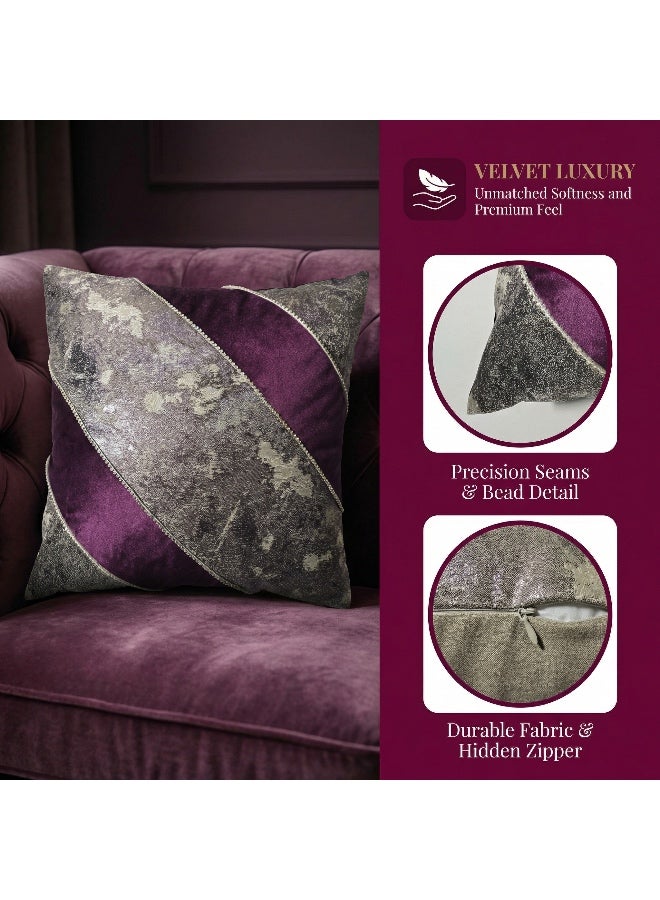 Set of 2 45x45cm Purple & Silver Gray Velvet Pillow Cover | Geometric Design Decorative Cushion Case for Sofa, Bed, Living Room (No Insert Included) - Image 1