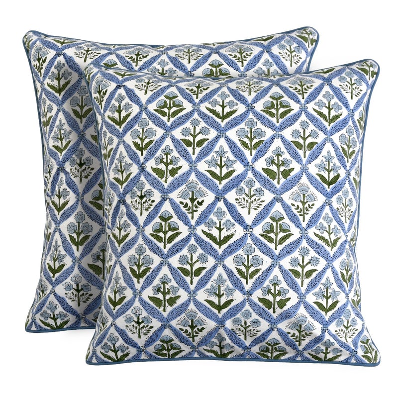 Ridhi Light Steel Blue Block Print Cotton Throw Pillow Covers for Decorative Couch Pillows for Living Room Chic Boho Cute Outdoor Valentine Pillows Covers Gifts 18x18 Inches