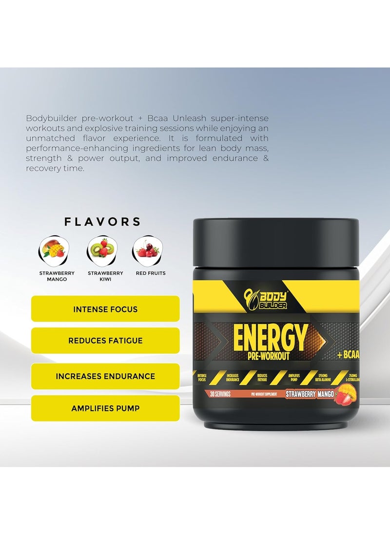 Body Builder - Body Builder Energy Pre workout Plus BCAA, Strawberry Kiwi Flavor, 30 Servings -225 gm - Image 1
