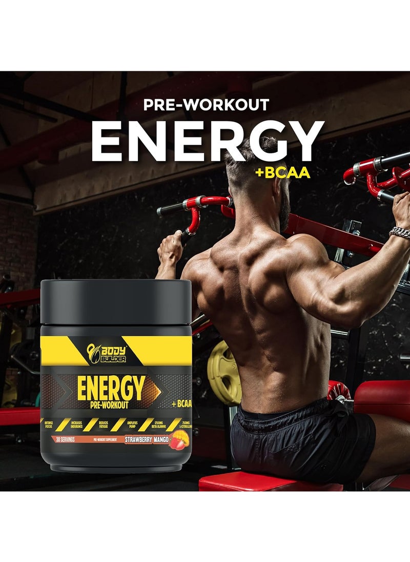 Body Builder - Body Builder Energy Pre workout Plus BCAA, Strawberry Kiwi Flavor, 30 Servings -225 gm - Image 1