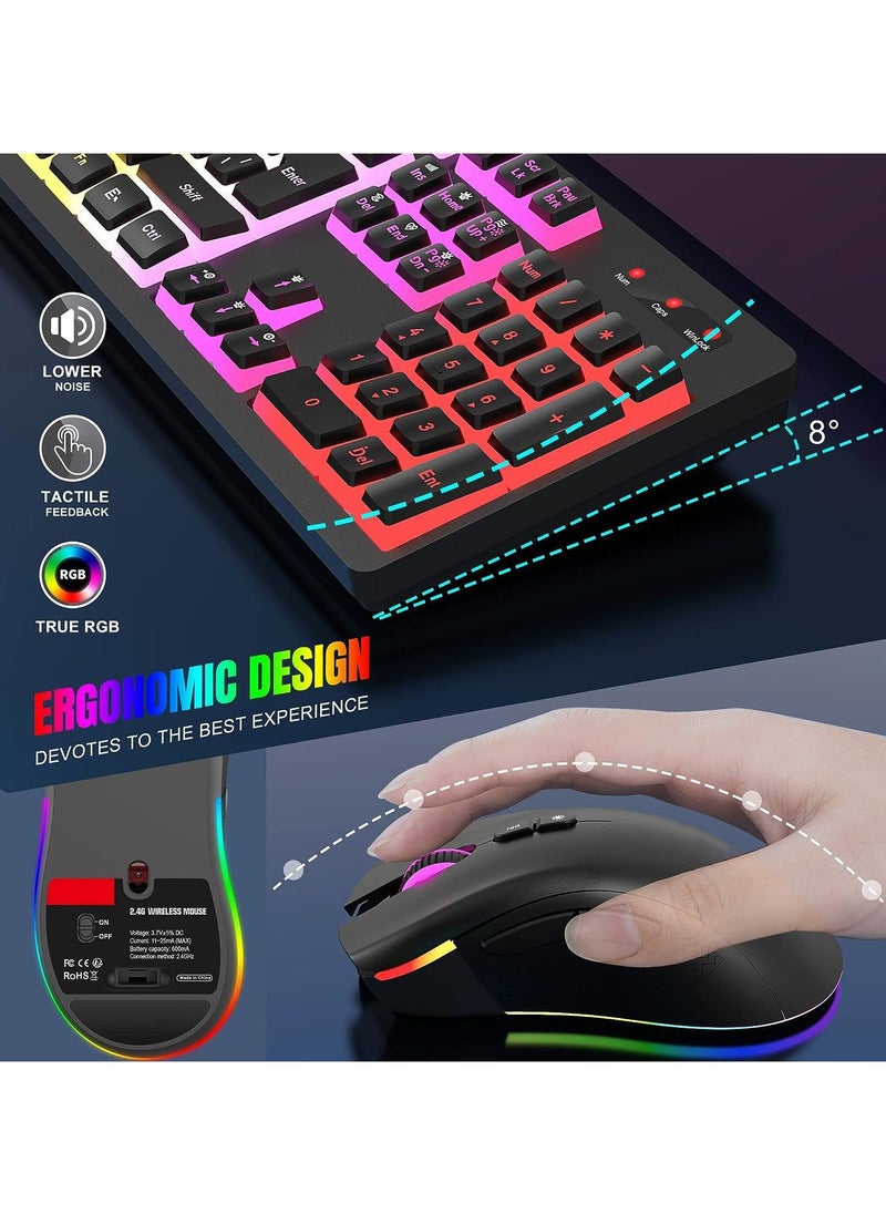 erorex - Wireless Gaming Keyboard and Mouse Combo, RGB Rechargeable 3000mAh Battery, Pudding Keycaps Anti-ghosting Keyboard + 7D 4800DPI Vertical Feel Wireless Mouse for PC Gamer (Black) - Image 1