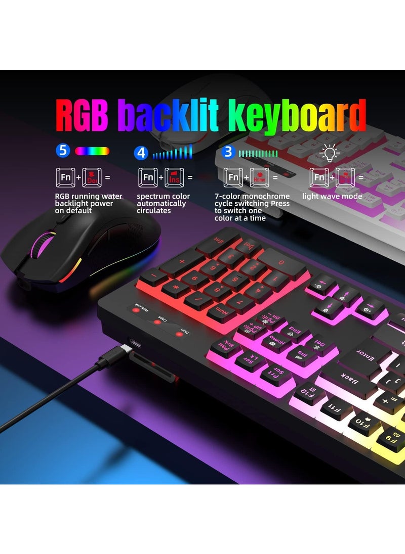 erorex - Wireless Gaming Keyboard and Mouse Combo, RGB Rechargeable 3000mAh Battery, Pudding Keycaps Anti-ghosting Keyboard + 7D 4800DPI Vertical Feel Wireless Mouse for PC Gamer (Black) - Image 1