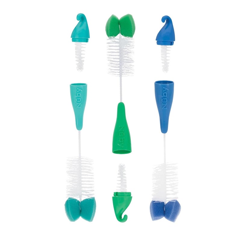 Nuby Bottle and Nipple Brush with Bristles and Sponge Tip | 3 Pack: Aqua, Blue, Lime or Aqua, Coral, Lime | Hanging Handle with Hook for Drying - Image 5