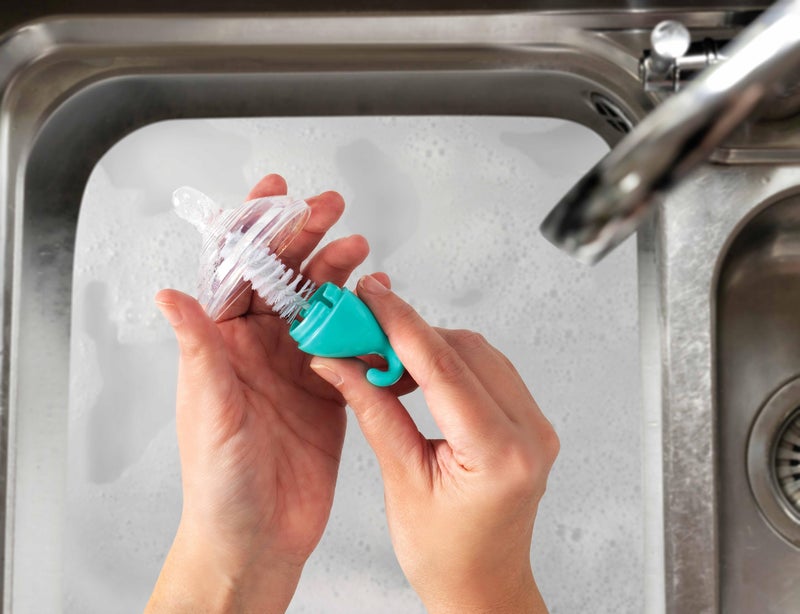 Nuby Bottle and Nipple Brush with Bristles and Sponge Tip | 3 Pack: Aqua, Blue, Lime or Aqua, Coral, Lime | Hanging Handle with Hook for Drying - Image 3