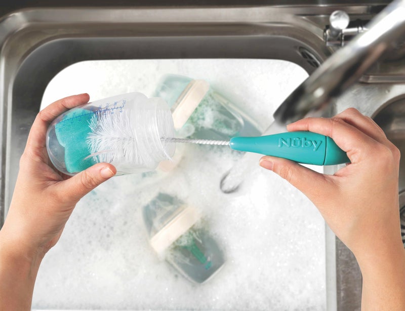 Nuby Bottle and Nipple Brush with Bristles and Sponge Tip | 3 Pack: Aqua, Blue, Lime or Aqua, Coral, Lime | Hanging Handle with Hook for Drying - Image 4