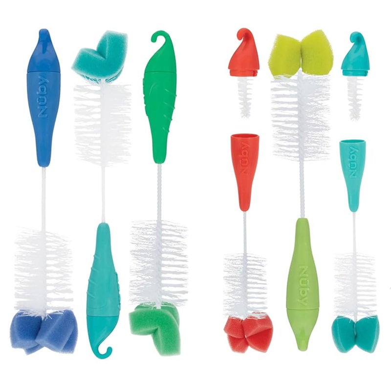 Nuby Bottle and Nipple Brush with Bristles and Sponge Tip | 3 Pack: Aqua, Blue, Lime or Aqua, Coral, Lime | Hanging Handle with Hook for Drying - Image 1