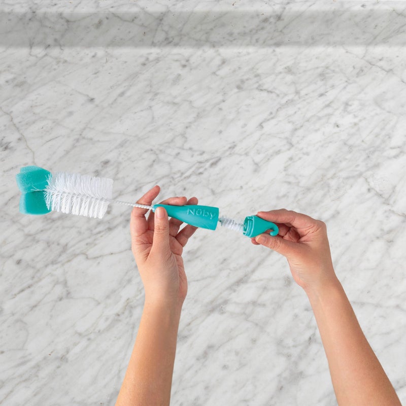 Nuby Bottle and Nipple Brush with Bristles and Sponge Tip | 3 Pack: Aqua, Blue, Lime or Aqua, Coral, Lime | Hanging Handle with Hook for Drying - Image 2