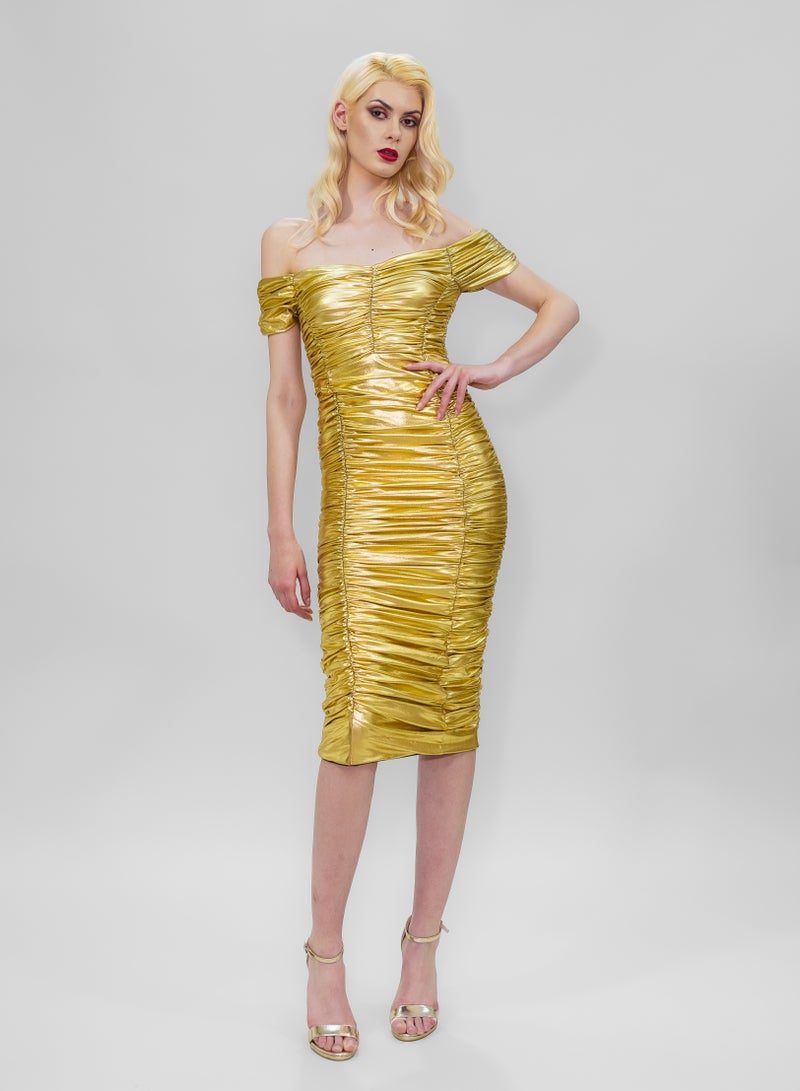 BITOLIA GALLERY Midi shiny Gold Stretch Dress  - Image 1