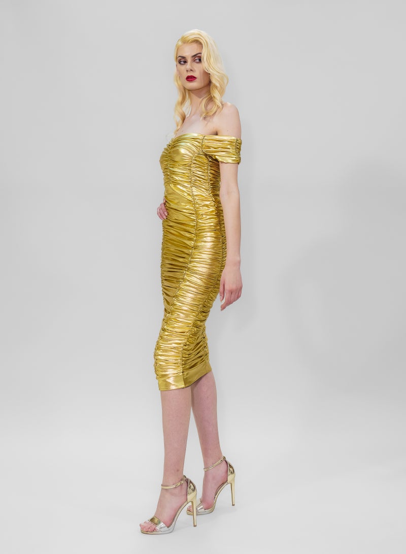 BITOLIA GALLERY Midi shiny Gold Stretch Dress  - Image 3
