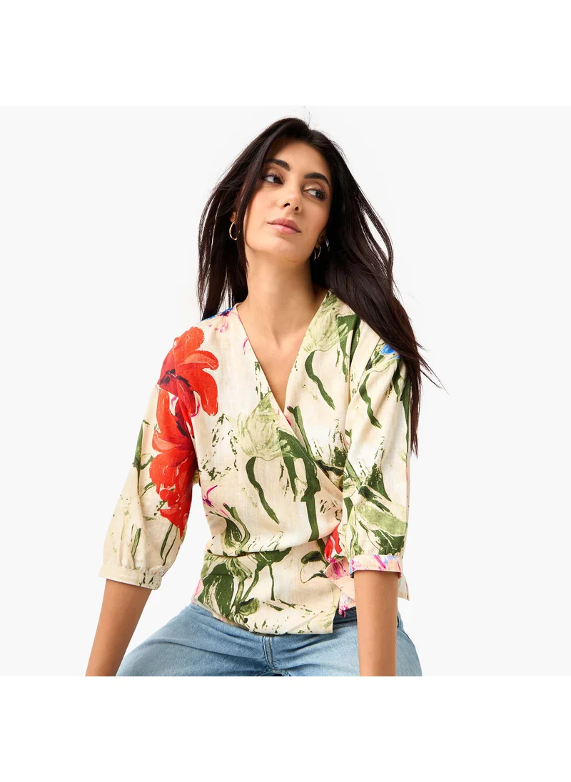 ايكونيك Iconic Floral Print Wrap Top with Tie-Up