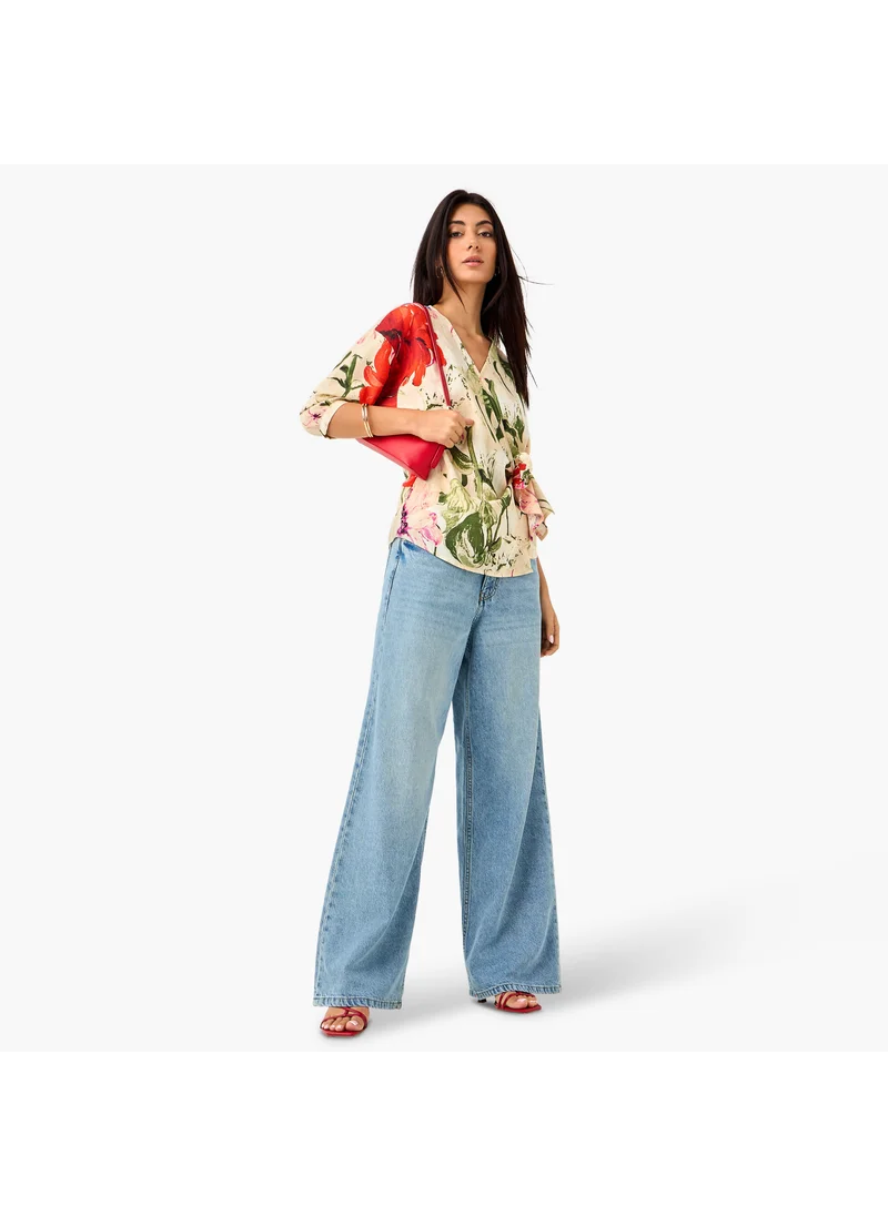ايكونيك Iconic Floral Print Wrap Top with Tie-Up