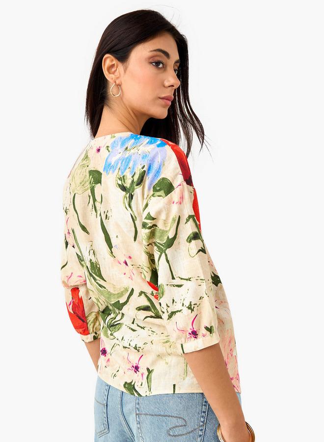 ايكونيك توب ملفوف بطبعة زهور أيقونية مع رباط - Image 3