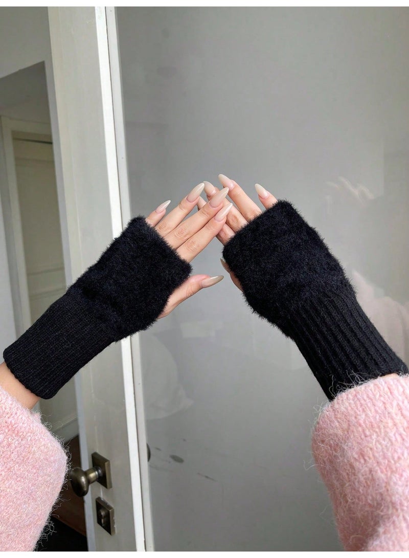 Women's Winter Fingerless Gloves Made of High-Quality Soft Knitted Fabric with Luxurious Faux Fur Details in Black, Adding a Sophisticated and Elegant Touch to Your Winter Look - Image 3