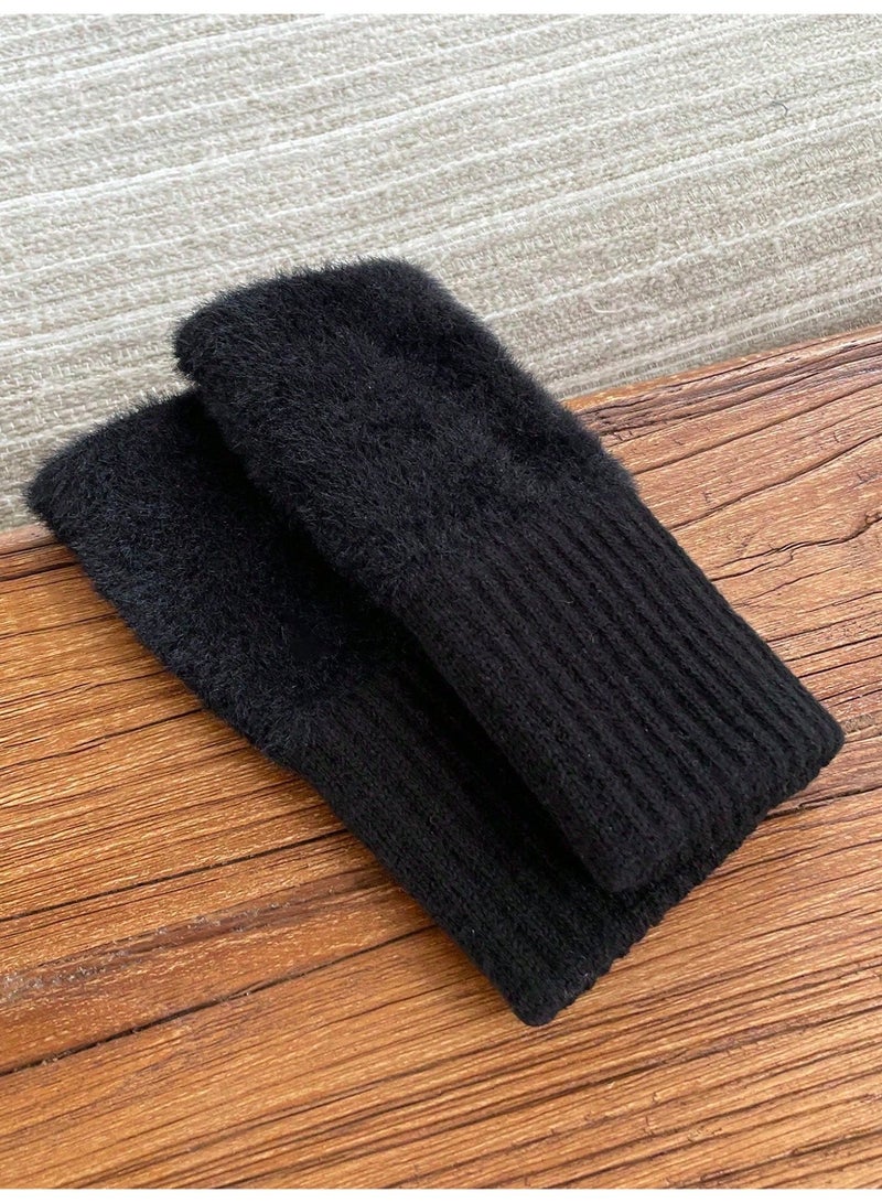 Women's Winter Fingerless Gloves Made of High-Quality Soft Knitted Fabric with Luxurious Faux Fur Details in Black, Adding a Sophisticated and Elegant Touch to Your Winter Look - Image 2