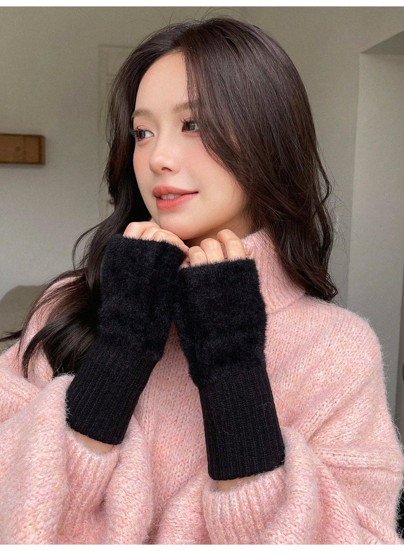 Women's Winter Fingerless Gloves Made of High-Quality Soft Knitted Fabric with Luxurious Faux Fur Details in Black, Adding a Sophisticated and Elegant Touch to Your Winter Look - Image 5