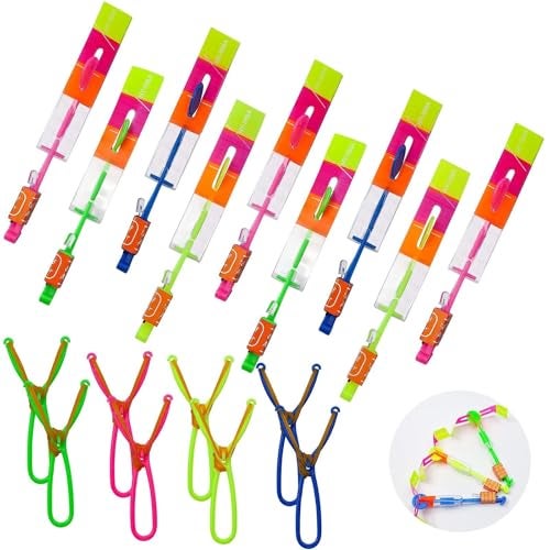 DTDR Rocket Slingshot Flying with LED Lights Glow The Dark Party12 Launchers 12 LED HelicoptersSlingshot Amazing Arrow Helicopter Glow Supplies for Kids 24 Pieces - Image 1
