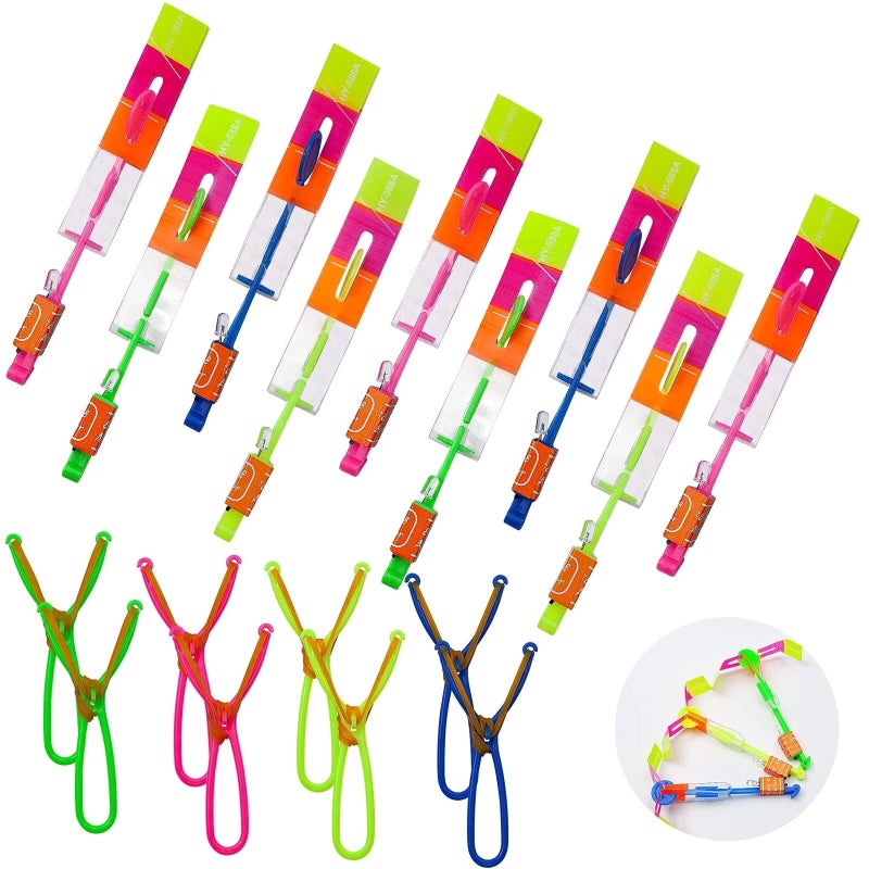 DTDR Rocket Slingshot Flying with LED Lights Glow The Dark Party12 Launchers 12 LED HelicoptersSlingshot Amazing Arrow Helicopter Glow Supplies for Kids 24 Pieces - Image 2