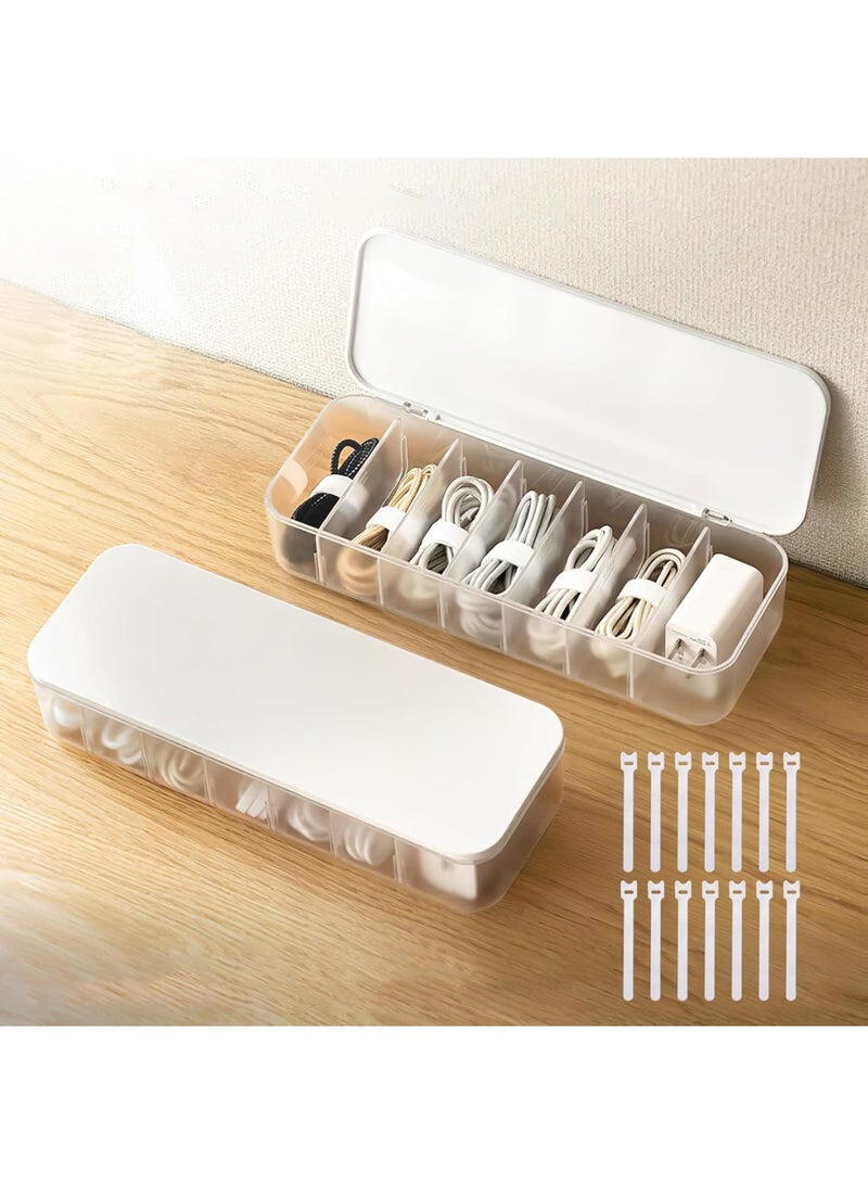 Cobest Cable Organizer Storage Box, 2 Pcs Desktop Cable Management Box with 14 Wire Ties, Cable Management Box with Lid, Desk Accessories Storage, Power Cord Organizer for Office, Home, White - Image 1
