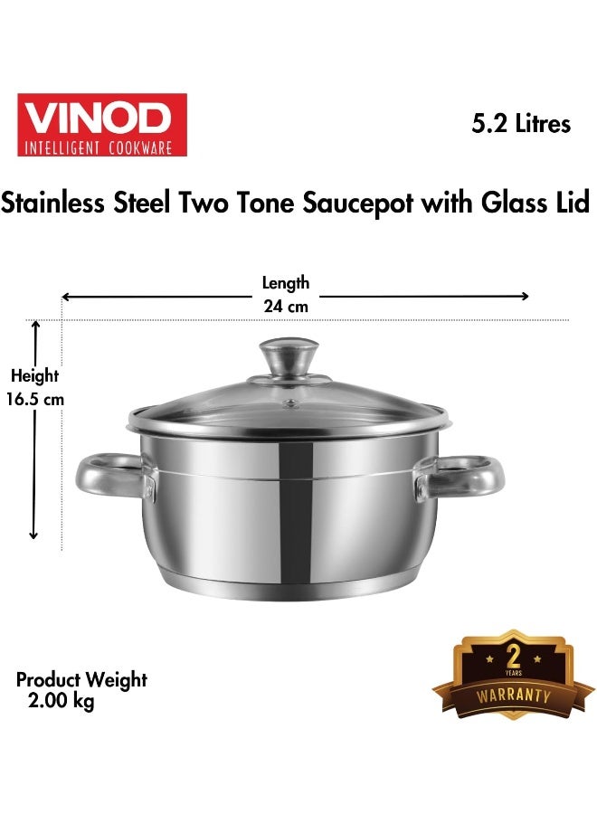 VINOD وعاء صلصة من الفولاذ المقاوم للصدأ بتصميم مزدوج مع غطاء زجاجي - 24 سم، 5.2 لتر (مناسب للطبخ بالحث) - Image 5