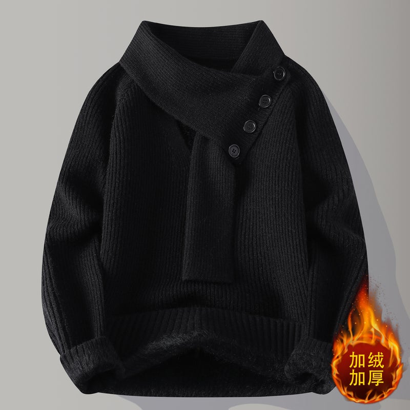 Cardigan Black Men's Winter Sweater with Fleece Lining Thickened Trendy Knitwear Warm Top Knitted Clothing