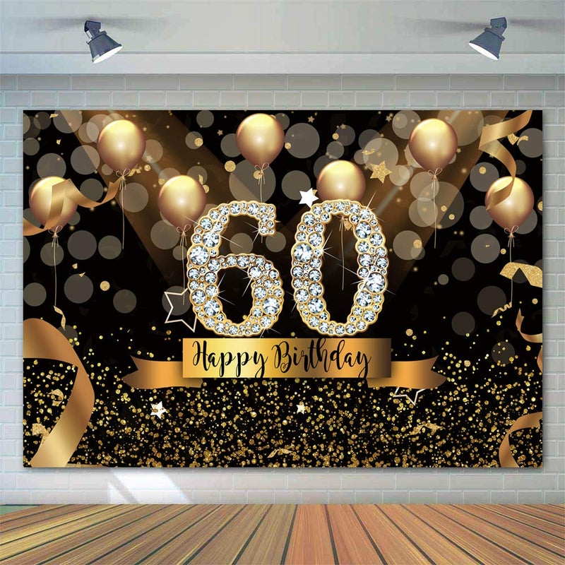 Sensfun Happy 60th Birthday Backdrop for Adult Party 7x5ft Bokeh Circle Glitter Gold Balloon Photography Background Sixty Birthday Black Gold Party Backdrops Diamond 60th Birthday Vinyl Photo Banner - Image 3