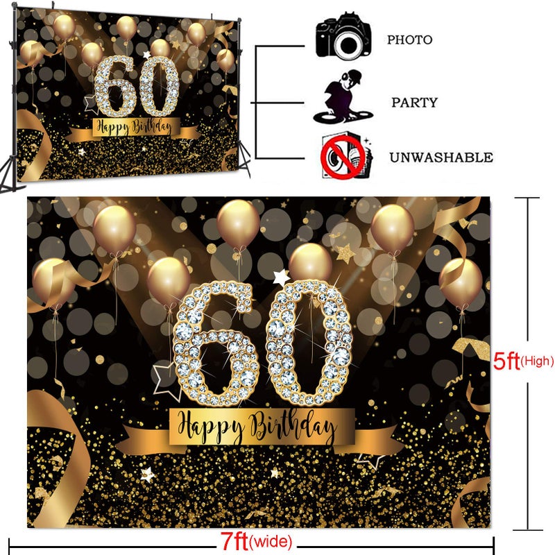 Sensfun Happy 60th Birthday Backdrop for Adult Party 7x5ft Bokeh Circle Glitter Gold Balloon Photography Background Sixty Birthday Black Gold Party Backdrops Diamond 60th Birthday Vinyl Photo Banner - Image 5