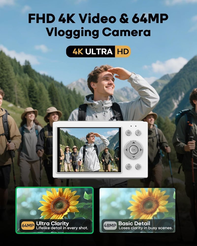 BIGASUO Digital Camera 4K with 64MP & 16X Digital Zoom - Autofocus Vlogging Camera with Anti-Shake, 64GB SD Card Included | Compact Travel Camera for YouTube Beginners, Teens & Adults (White) - Image 2
