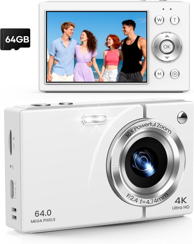 BIGASUO Digital Camera 4K with 64MP & 16X Digital Zoom - Autofocus Vlogging Camera with Anti-Shake, 64GB SD Card Included | Compact Travel Camera for YouTube Beginners, Teens & Adults (White) - Image 1