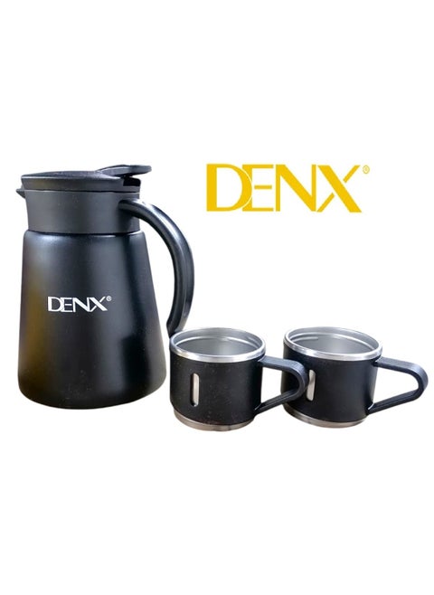 Thermos for coffee and tea, with a capacity of 880 ml, equipped with two additional cups for serving, black color