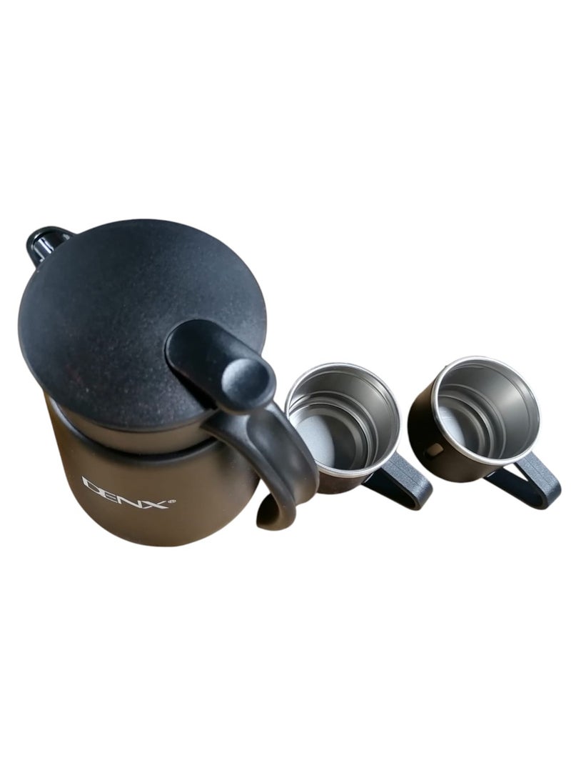 Thermos for coffee and tea, with a capacity of 880 ml, equipped with two additional cups for serving, black color
