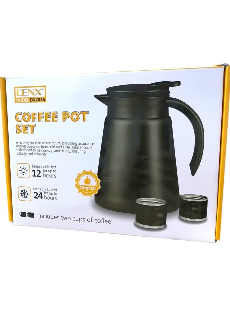Thermos for coffee and tea, with a capacity of 880 ml, equipped with two additional cups for serving, black color