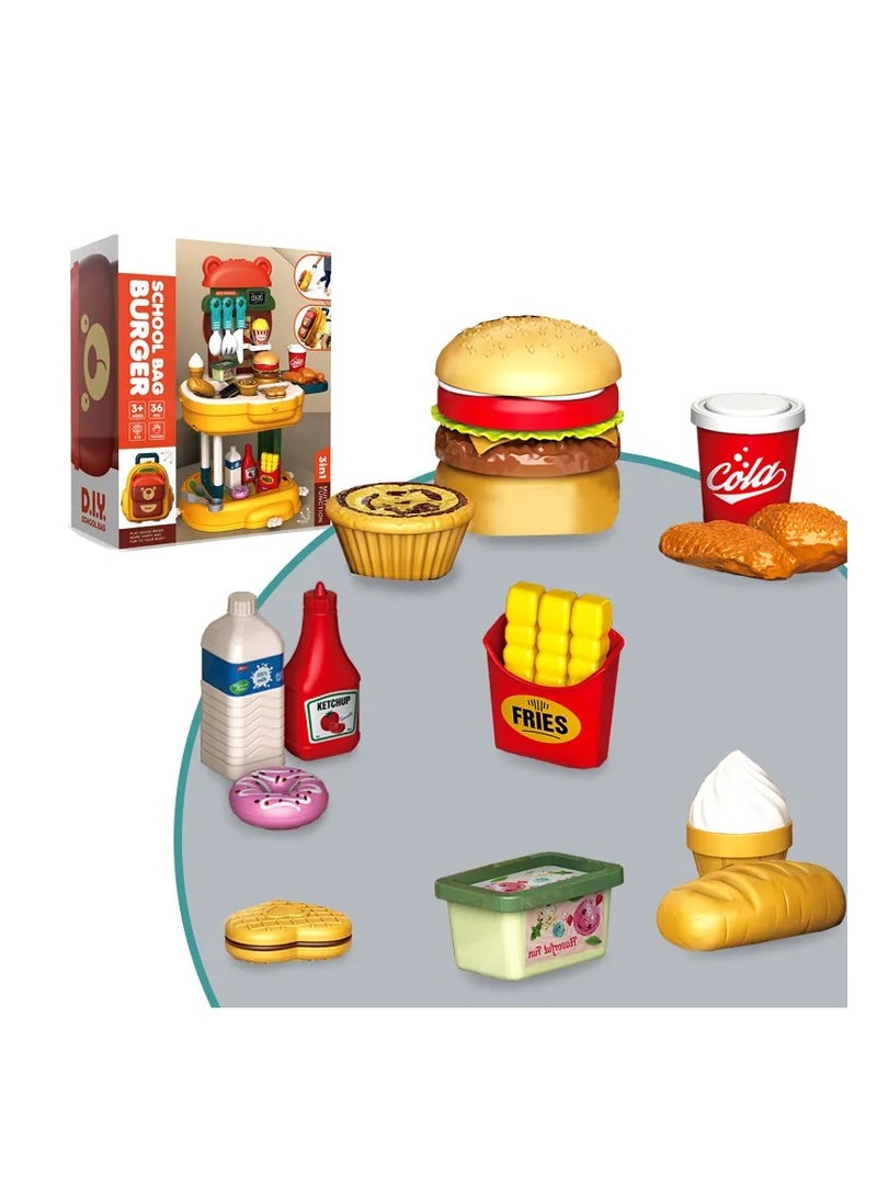 Hong Chuan Sheng Toys New Kitchen Pretend Play Toys Backpack Trolley Case 3 in 1 Hamburg 36pcs Set Kitchen Play Set Cooking Toys - Image 5