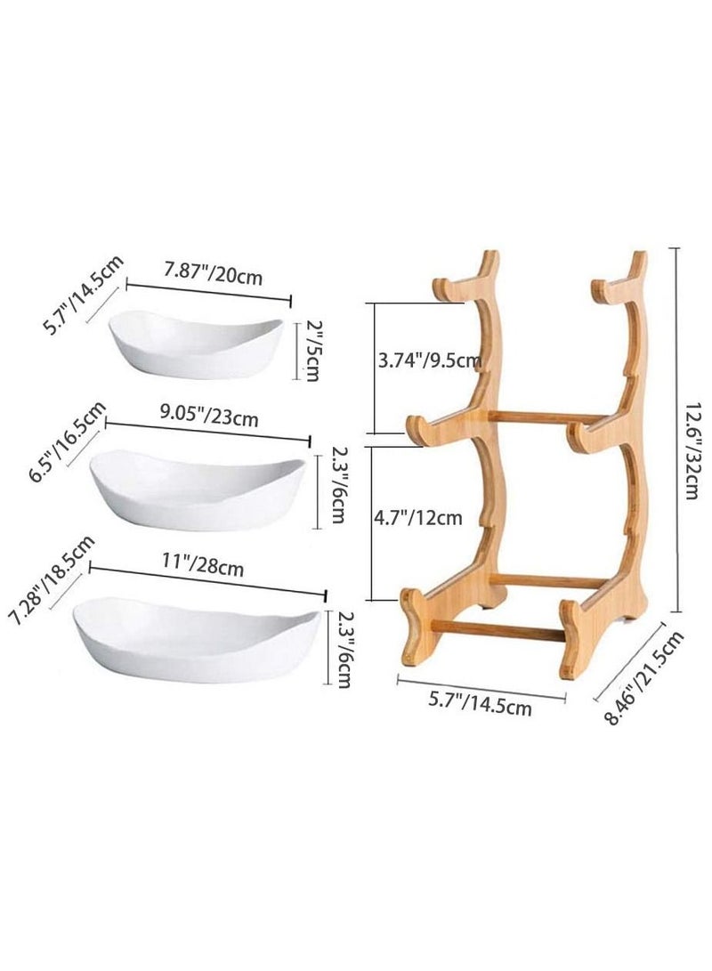 OQUERA Elegant 3-Layer Ceramic Serving Bowl Fruit Tray Matte Finish With Bamboo Wood Rack Stand Buffet Set Party Plate Dried Fruit Nuts Cake Snacks Candy Biscuit Appetizer Plate - Beige  - Image 4