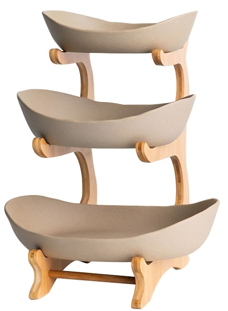OQUERA Elegant 3-Layer Ceramic Serving Bowl Fruit Tray Matte Finish With Bamboo Wood Rack Stand Buffet Set Party Plate Dried Fruit Nuts Cake Snacks Candy Biscuit Appetizer Plate - Beige  - Image 2