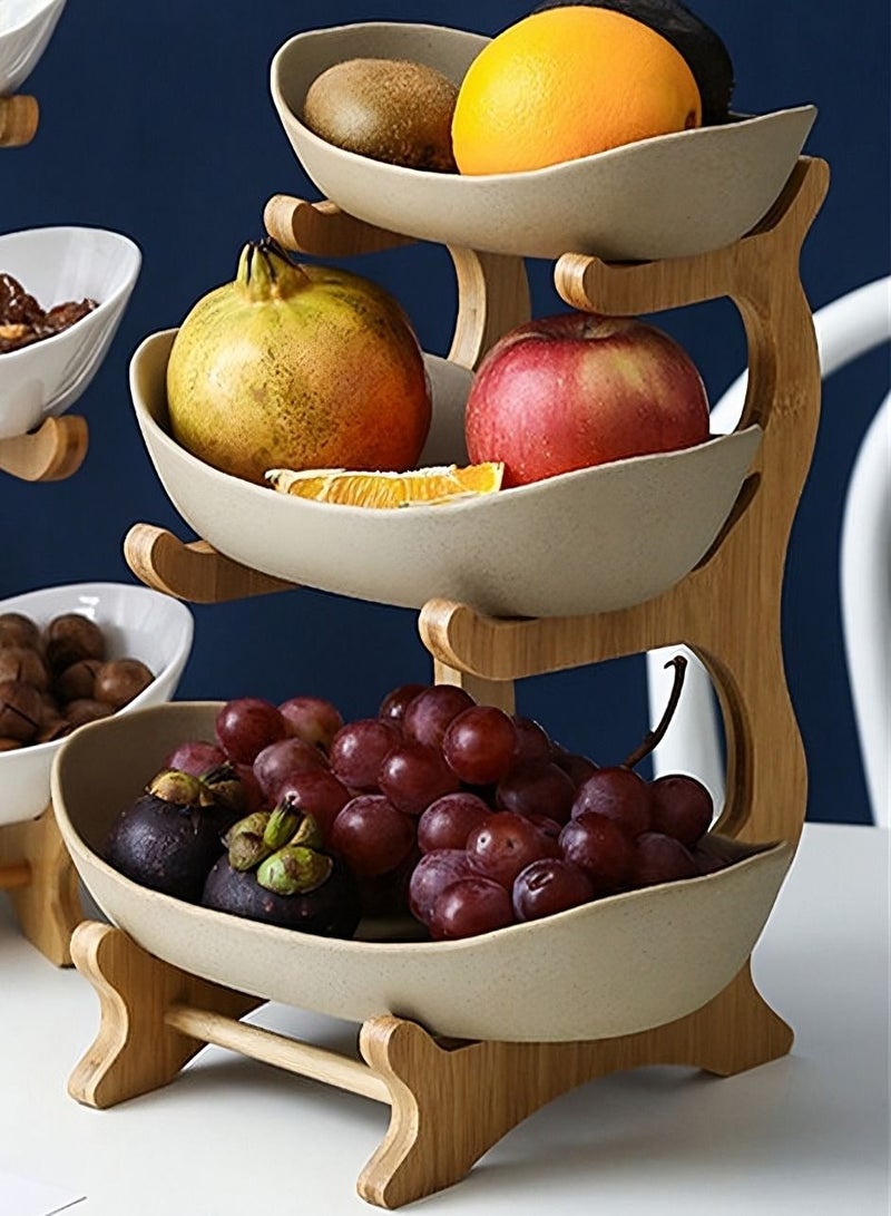OQUERA Elegant 3-Layer Ceramic Serving Bowl Fruit Tray Matte Finish With Bamboo Wood Rack Stand Buffet Set Party Plate Dried Fruit Nuts Cake Snacks Candy Biscuit Appetizer Plate - Beige  - Image 1